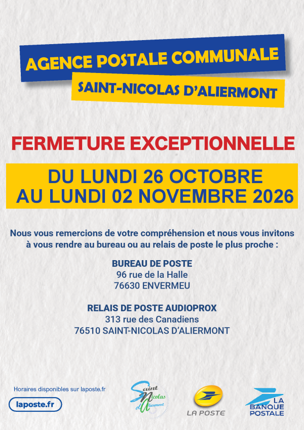Fermeture exceptionnelle de l’agence postale communale